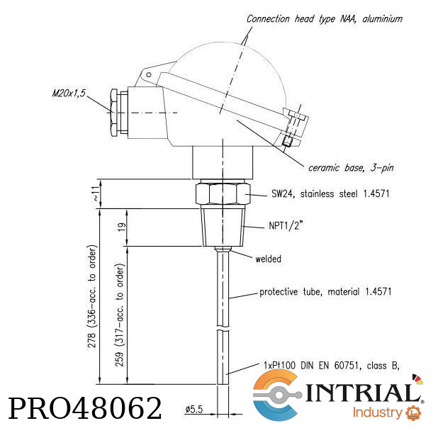 Screw-in resistance thermometer, 1x Pt100, 3-wire,tube 5,5 mm, immersion length 317 mm
