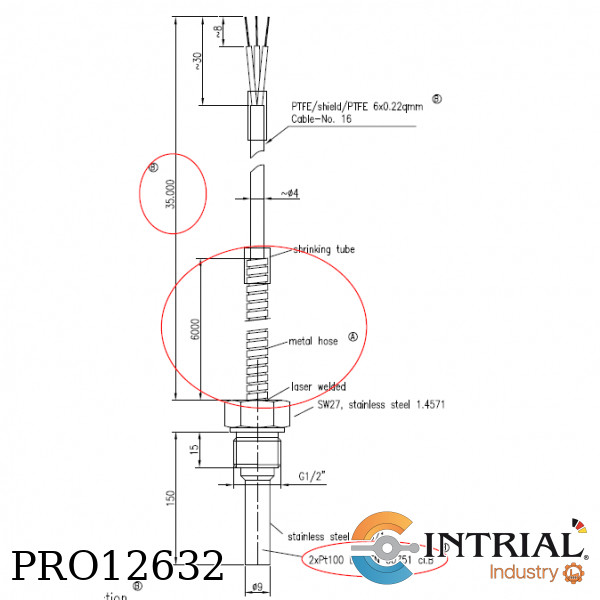 Pt-100, 9mm, 150mm, G1/2, SS316; 260C