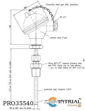 [PT100-3W-8mm-170] Resistance thermometer 1 x Pt 100 8 mm lenght 170 mm