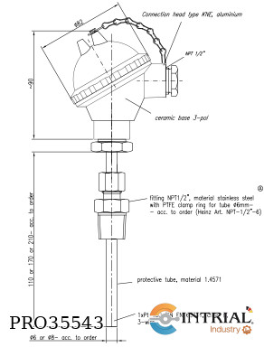 [PT100-3W-6mm-210] Resistance thermometer 1 x Pt 100 6 mm lenght 210 mm