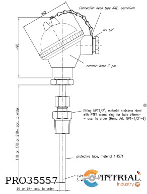 [PT100-3W-8mm-170+Hilo1/2npt] Resistance thermometer 1 x Pt 100 8 mm lenght 170 mm Hilo Movil 1/2 npt