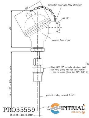 [PT100-3W-8mm-210+hilo1/2npt] Resistance thermometer 1 x Pt 100 8 mm lenght 210 mm, Hilo Movil 1/2 npt