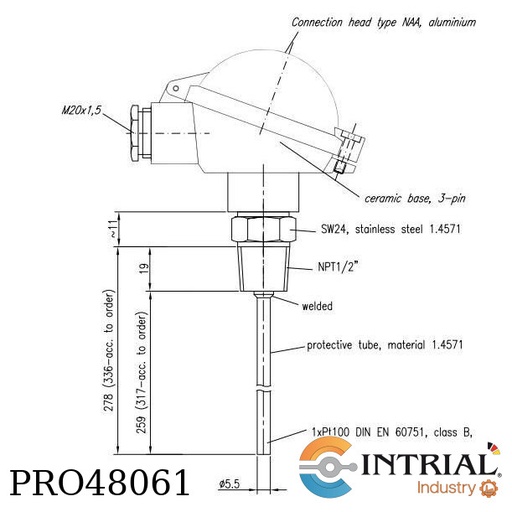 [PRO48061] Screw-in resistance thermometer, 1x Pt100, 3-wire,tube 5,5 mm, immersion length 259 mm