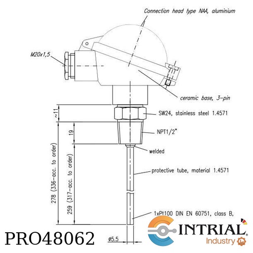 [PRO48062] Screw-in resistance thermometer, 1x Pt100, 3-wire,tube 5,5 mm, immersion length 317 mm