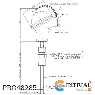 [PT100-3W-6mm-310+hilo1/2npt] Resistance thermometer 1 x Pt 100 6 mm lenght 310 mm hilo movil 1/2 npt
