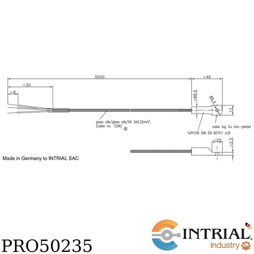 [PRO50235] PT100 3 wire cable Lug, 5 meters cable