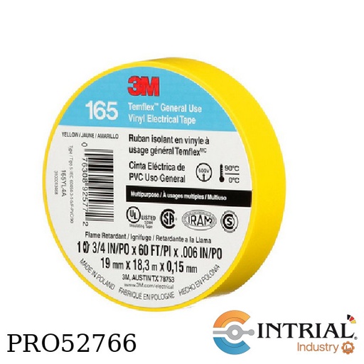 [UU009472653] CINTA ELÉCTRICA DE VINIL 3M Color, Amarillo Grosos, 3/4" Longitud, 18 m Rango de temperatura, 0..90