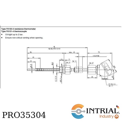 [PRO35304] Screw-in resistance thermometer, 2 x Pt 100,  ø 5.8 mm, G1/2", 0 to +100°C, -50 to +200°
