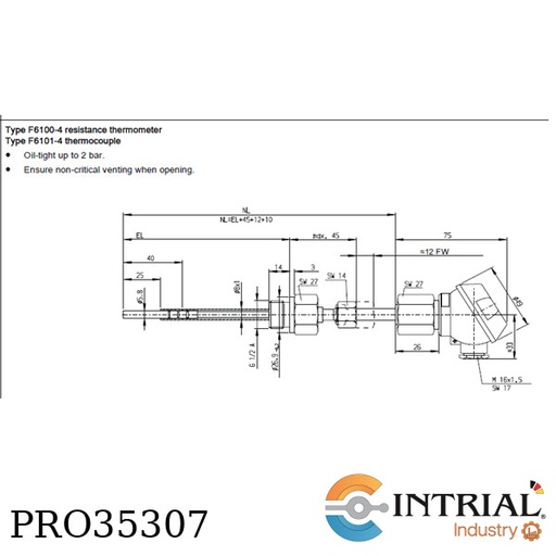 [PRO35307] Screw-in resistance thermometer, 2 x Pt 100, -50 to +200°C, G1/2"
