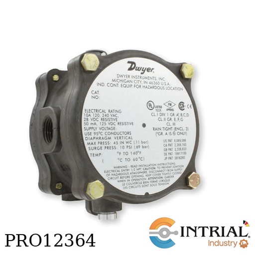 [1950-10-2F] EXPLOSION-PROOF DIFFERENTIAL PRESSURE SWITCH, 3 to 11 w.c., -40 to 140°F, 1/8" female NPT.