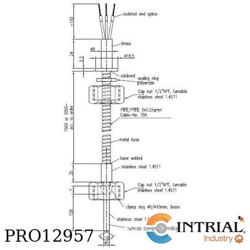 [PRO12957] Screw-in resistance thermometer, 1 x Pt 100 x 129 mm, 1/2" NPT, 260C